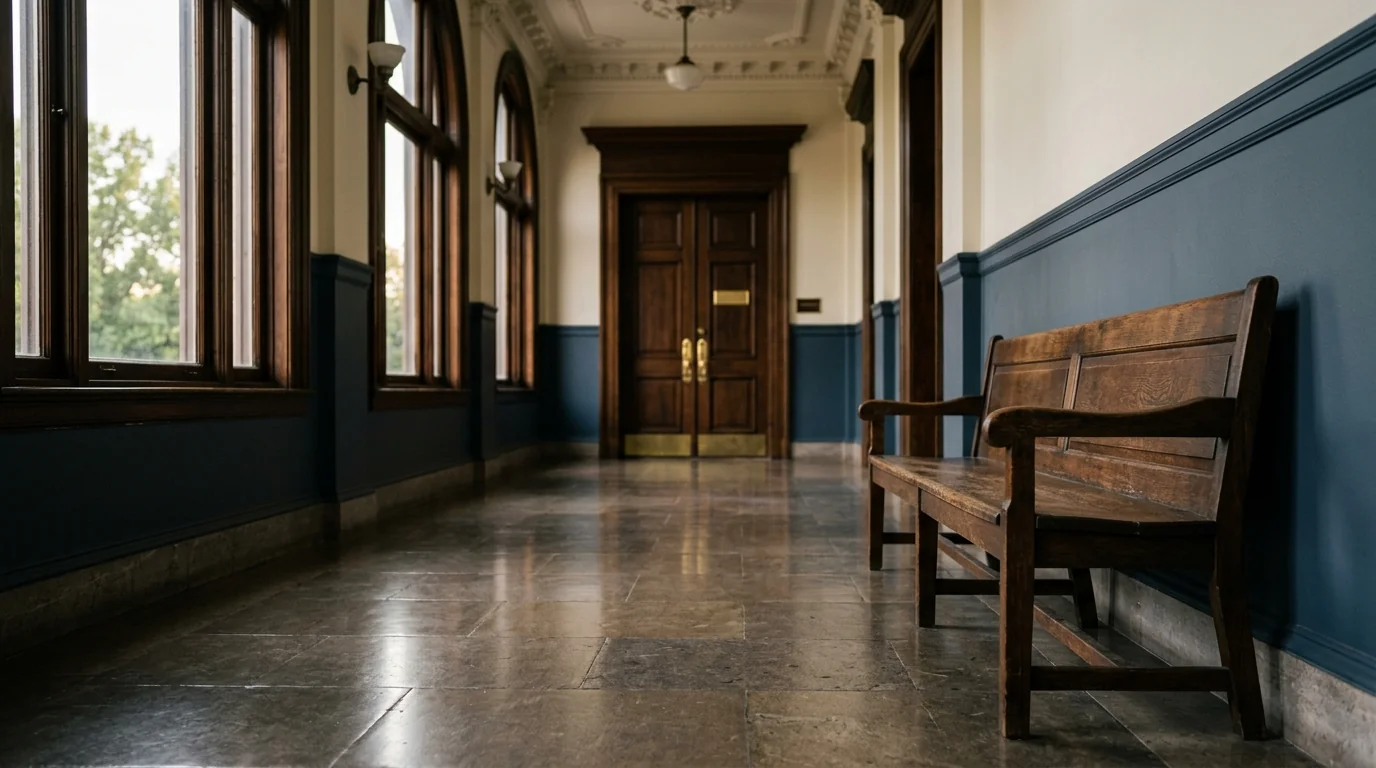An empty wooden bench in a quiet courthouse hallway, with late afternoon light falling across the stone floor toward a closed courtroom door