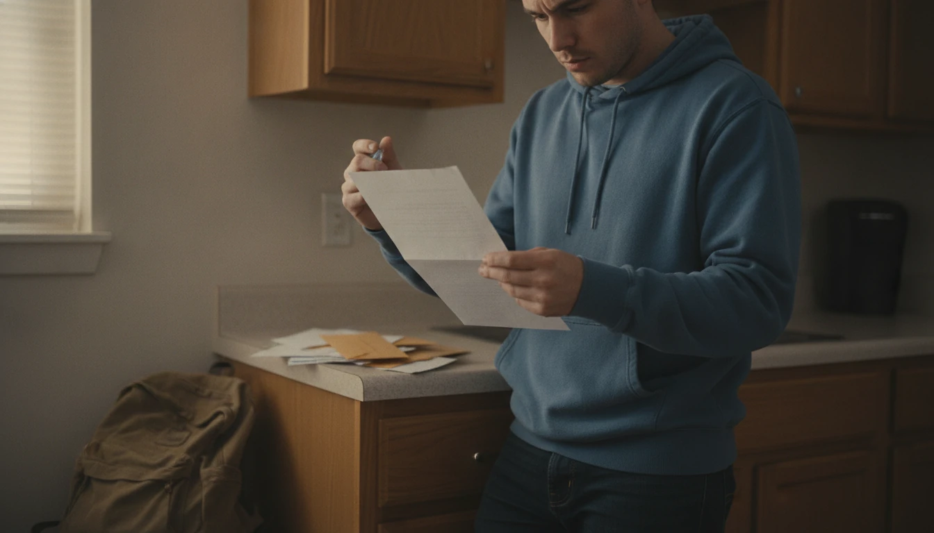 A young man in a hoodie stands at an apartment kitchen counter reading a letter he has just opened, unopened mail stacked beside him
